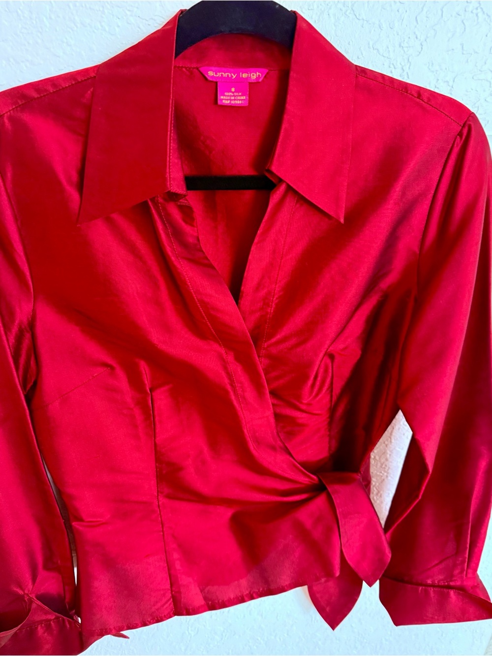 Red Satin by Sunny Leigh Women's Vibrant Red Satin Wrap Blouse